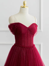 Elegant Off-Shoulder Tulle A-Line Prom Gown: Shiny Burgundy Long Formal Dress